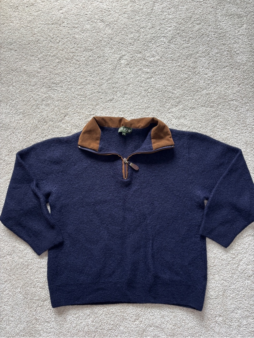 Vintage Orvis 100% Alpaca Quarter Zip Sweater Navy Blue Brown Collar Men’s XL